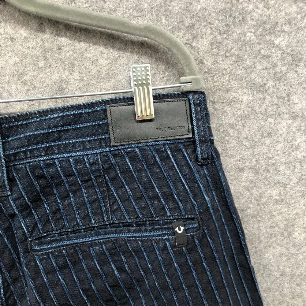 True Religion Devin‎ Cropped Trouser Jeans Mens 32 Blue Striped Dark Wash